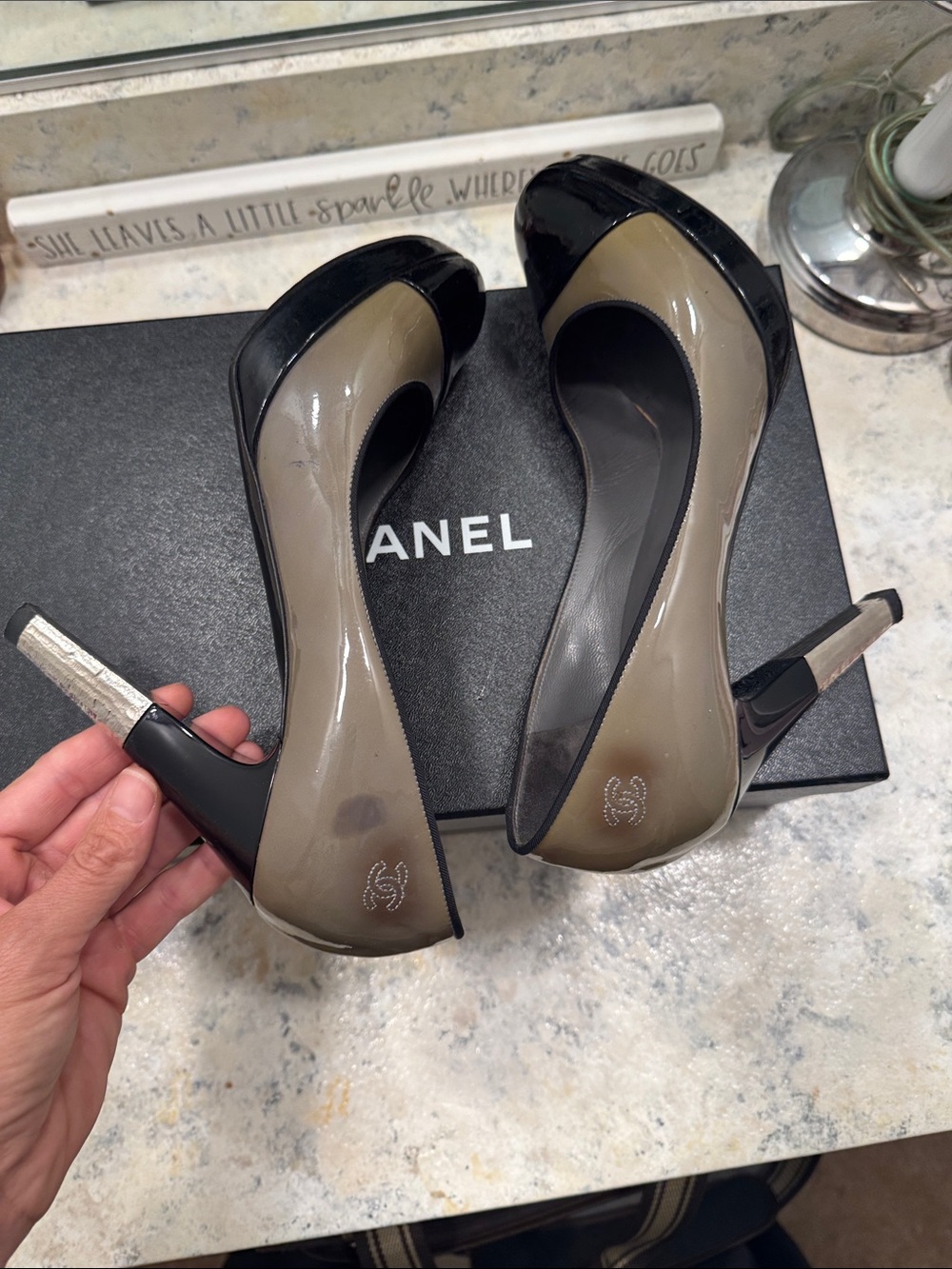 CHANEL Taupe and Black Patent Leather Heels with Silver Accent - Picture 5 of 6